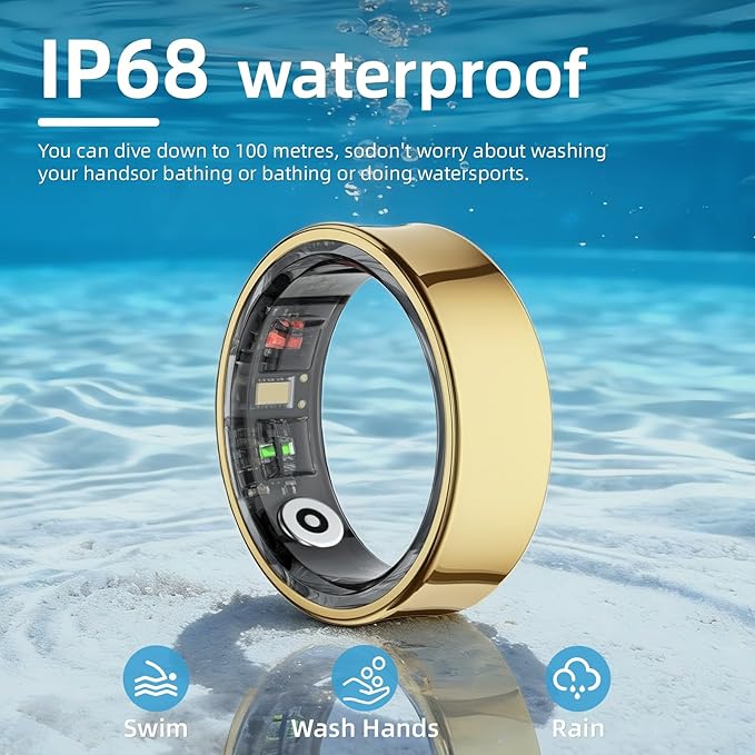 Smart Ring for Women& Men, Fitness Ring & Sleep Tracker Health Tracker With Heart Rate & Blood Oxygen Monitor, Step Counter Ring,IP68 Waterproof, No Subscription Fee for IOS & Android (Gold, #8)
