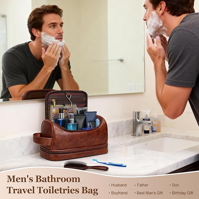 Mens Toiletry Bag for Travel,PU Leather Travel Toiletries Bag,Waterproof Toiletry Shaving Kit for Men,Personalized Gifts for Men Father's Day Birthday (V)