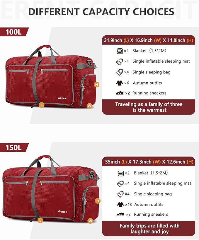 Gonex Large Foldable Travel Duffle Bag with Shoes Compartment, Packable Lightweight Water Repellent Duffel Bag for Camping Gym Weekender Bag
