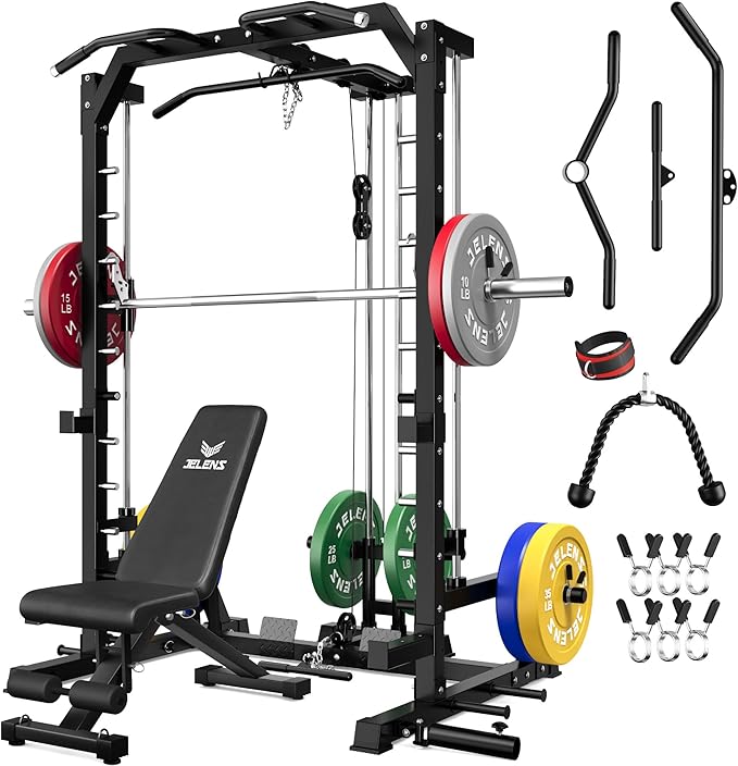 JELENS SR01 Smith Machine, 2000LBS Multi-Function Power Cage with LAT Pulldown System, All-in-One Home Gym Squat Rack with Smith Bar and Training Attachments for Full Body Workouts