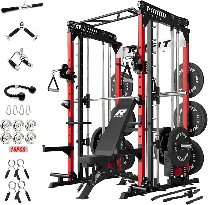 RitFit M1 Pro Smith Machine Package, All-in-One Power Cage with Weight Stack Set, Includes LAT Pulldown & Cable Crossover System for Home Gym