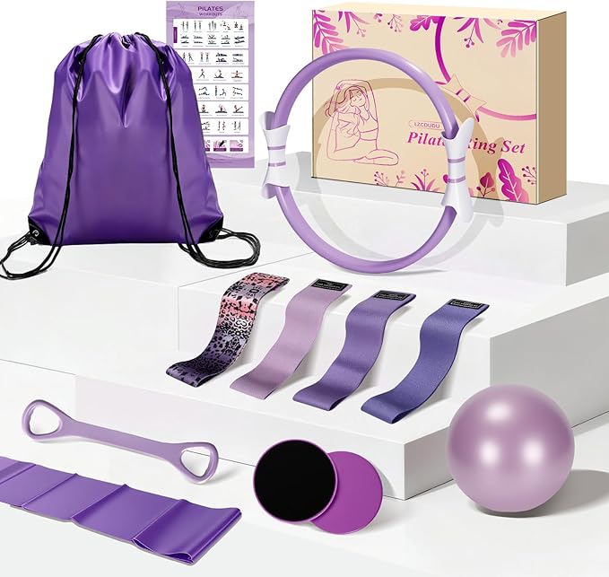 Pilates Kit for Women, 14.5 in. Pilates Ring with Sliding Discs & Leopard Band, Complete Home Pilates Kit for Beginners, Versatile Pilates Equipment for Strength and Flexibility