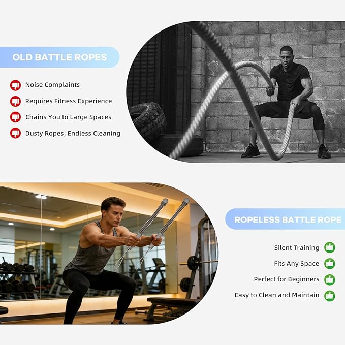 Ropeless Battle Ropes，Portable Workout Rope for Strength Building, HIIT and Low-Impact Aerobic Training for Men & Women (Gray)