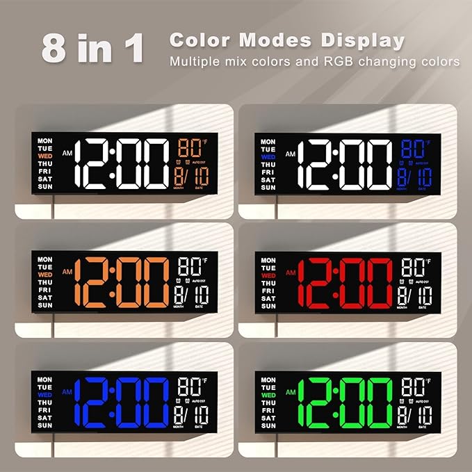 JALL 16" Large Digital Wall Mount Clock, Count Down Timer, Alarm, Big LED, RGB Color, DST, Temperature for Living Room Classroom Desk, Xmas, Birthday Gift for Senior Mom Dad (White Green, 16 inches)