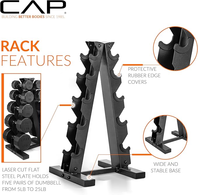 CAP Barbell 150 LB Coated Hex Dumbbell Weight Set with Vertical Rack | Multiple Options