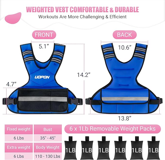 Adjustable Weighted Vest Women Men, 6-12 Lb/10-19 Lb/20-32 Lb Rucking Vest with 6 Ironsand Weights, Great Vest with Plus Pockets & Reflective Strips for Running, Walking, Workout and Strength Training