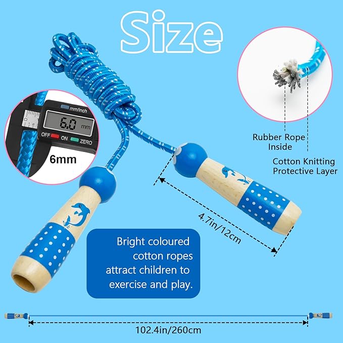EGOSKY Jump Rope Kids, 7.2ft Children Adjustable Cotton Skipping Rope with Wooden Handle for Boys Girls Fitness Outdoor Activity