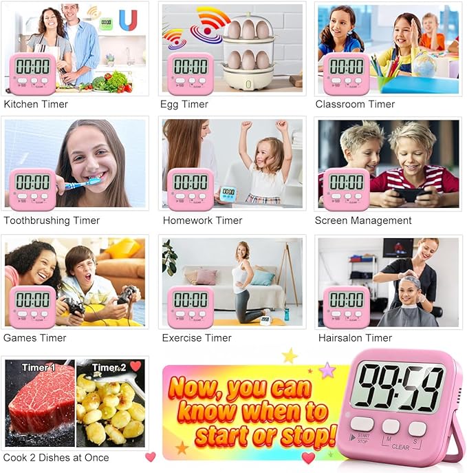 Antonki 2 Pack Digital Timer for Kids, Magnetic Countdown Kitchen Timers for Cooking, Egg, Classroom, Teacher, Exercise, Study, Oven - Battery Included