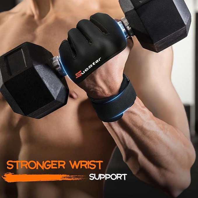 SueStar Workout Gloves, Heavy Duty Cowhide Padded Weight Lifting Gloves with Wrist Support, Full Palm Protection & Silicone Grips Gym for Weightlifting, Deadlifts, Exercise