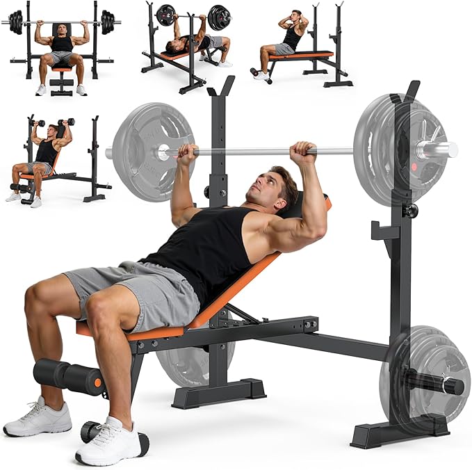 Fostoy Adjustable Weight Bench with Squat Rack, 770lbs Heavy Duty Olympic Bench Press for Home Gym, Multi-Function Flat Incline Workout Bench Family Strength Training With Removable Foot Catch