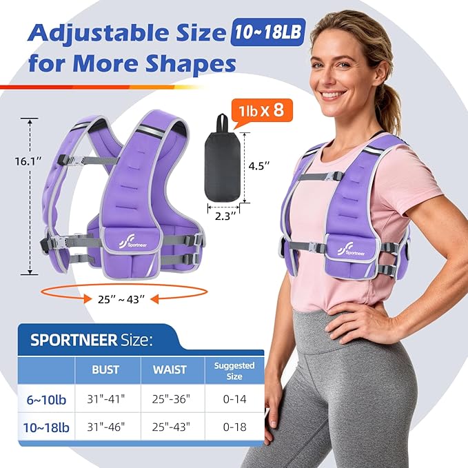 Sportneer Adjustable Weighted Vest Woman: 6-10lb/10-18lb Weighted Walking Vest for Women with 4/8 Weight Packs Fast Adjust Comfortable Weight Vest for Home Gym Burn Calories Strength Training Vests