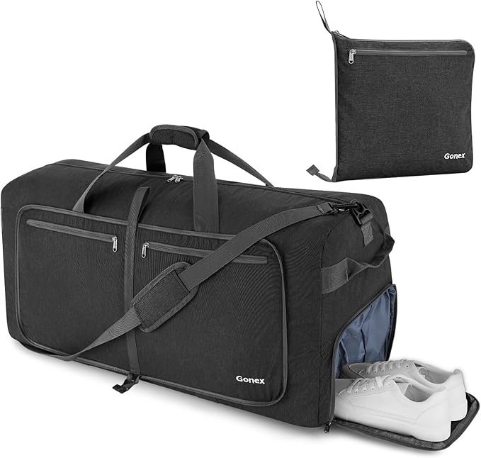 Gonex Large Foldable Travel Duffle Bag with Shoes Compartment, Packable Lightweight Water Repellent Duffel Bag for Camping Gym Weekender Bag