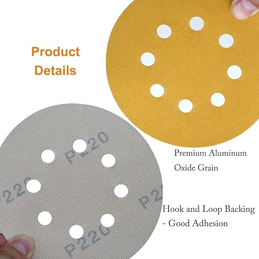 5-Inch 8-Hole Hook and Loop Sanding Discs 220-Grit Random Orbit Sandpaper, 50-Pack