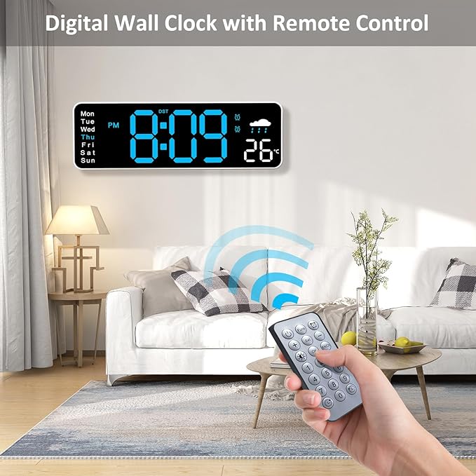 Digital Wall Clock, Digital Clock Large Display, Corded Alarm Clocks with Weatherforecast, Day of the Week, Temp, Humidity, Auto DST, Countdown, for Living Room Bedroom Classroom Office, Blue