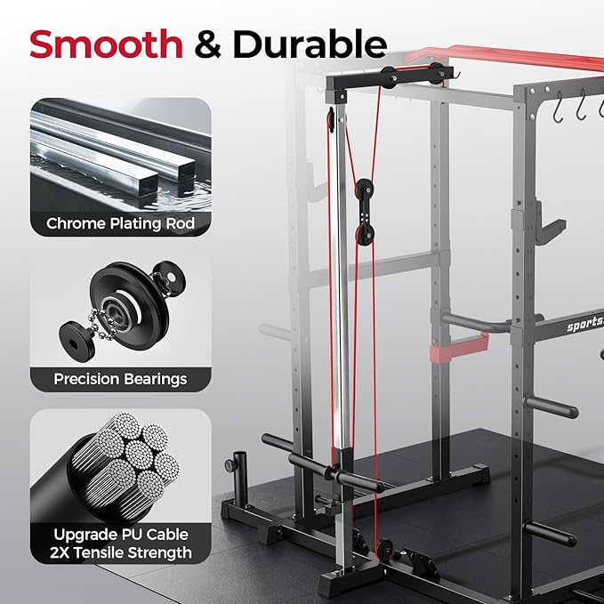 Sportsroyals Squat Rack, LAT Power Cage, Power Rack Multi-Function with Pulley System and Training Attachments for Home Gym