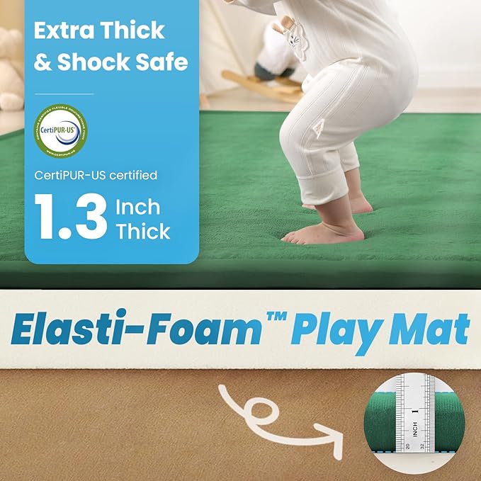 1.3" Thick Baby Floor Play Mat, 59x79 Padded Foam Tummy Time Crawling Mat, Non-Slip Water-Repellent Soft Plush Nursey Area Rug for Playroom Bedroom Living Room (Emerald)