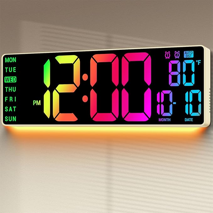 16.5" Large Digital Wall Clock: 11 RGB Color LED Display with Remote Control, Auto DST, Temperature & Date, Big Number Wall Clock for Seniors, Classroom, Office, Gym, Home Decor Khaki