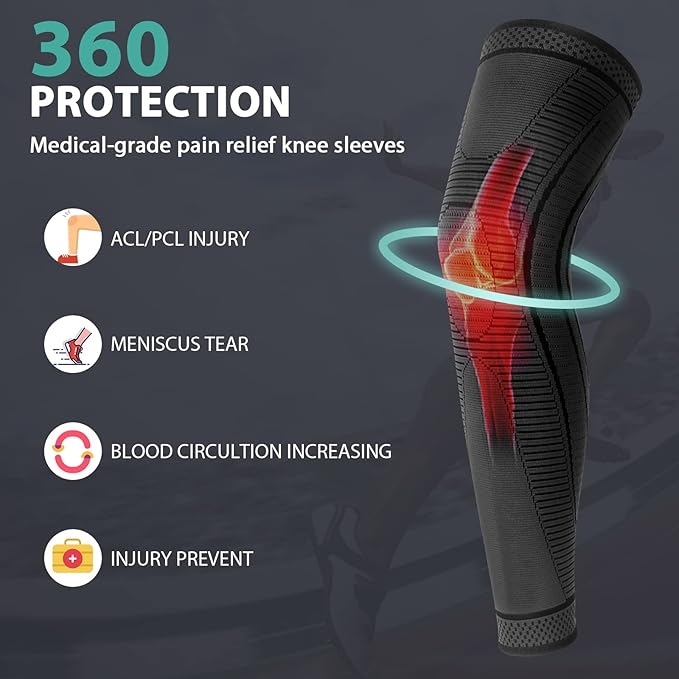 2 Pack Full Leg Compression Sleeves for Men And Women Long Knee Brace Support for Basketball, Running, Workout, Cycling, Sport