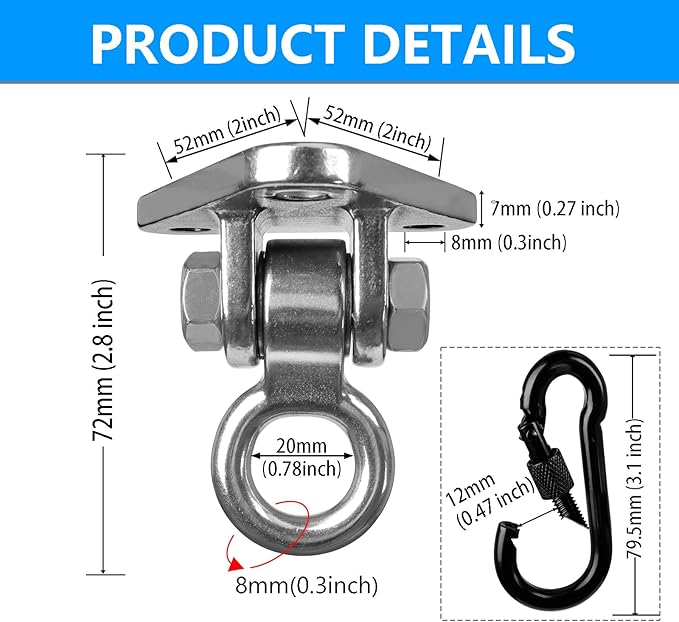 2-Pack Heavy Duty Swing Hanger Bracket, 1000 lbs Capacity, 304 Stainless Steel Swing Mount with Threaded Hook, for Indoor/Outdoor Porch Swing, Hammock, Gym Rings, Punching Bag Hardware