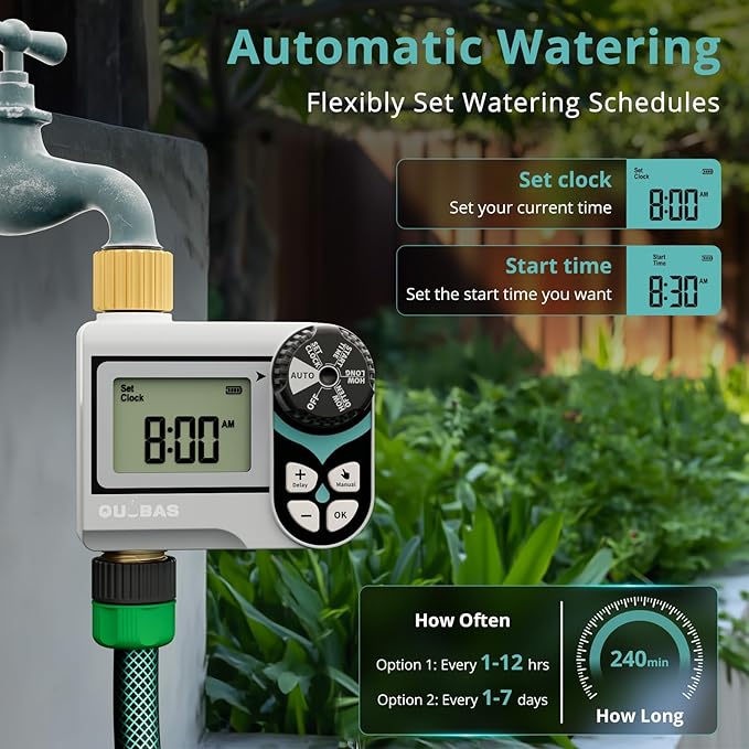 QUOBAS 2 Pack Low Pressure Water Timer, Programmable Sprinkler Timer with Brass Inlet & Outlet for Rain Barrel, Garden Hose, with Ball Valve & Waterproof Screen, Rain Delay/Manual/Auto Modes