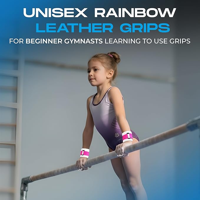Gibson Athletic Rainbow Gymnastics Grips for Beginners, Unisex Durable Leather Grip, Hook & Loop Closure for Secure Grip & Wrist Support, Athletic Grip & Hand Protection for Young Gymnasts Made in USA
