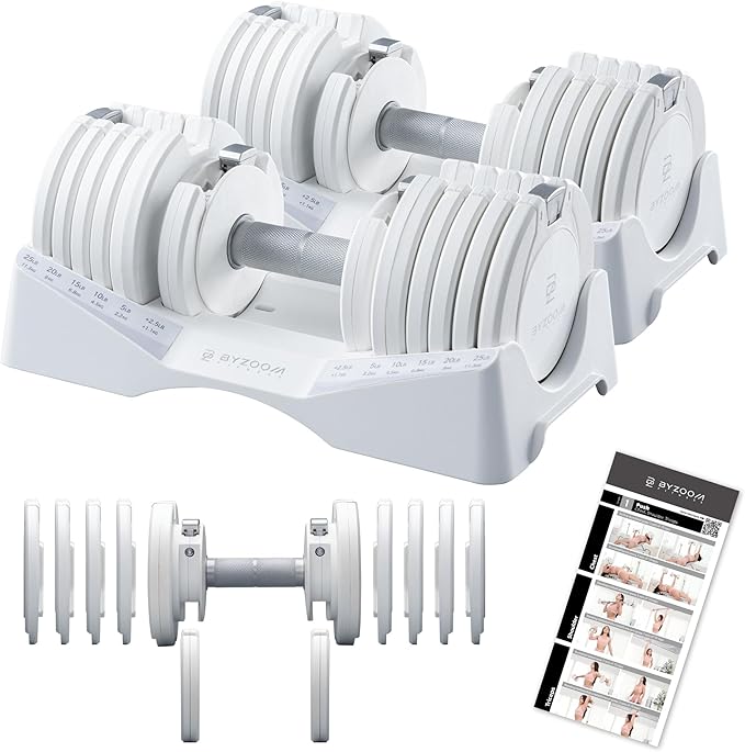 BYZOOM FITNESS Pure Series Adjustable Dumbbell - 12.5/25/27.5/75lb - ONE UNIT OR PAIR(check QTY before purchase) - 5-in-1/ 10-in-1 / 21-in-1 Flexible Hand Weights for Home Gym, Strength Training & Fitness Workouts, White OR Black