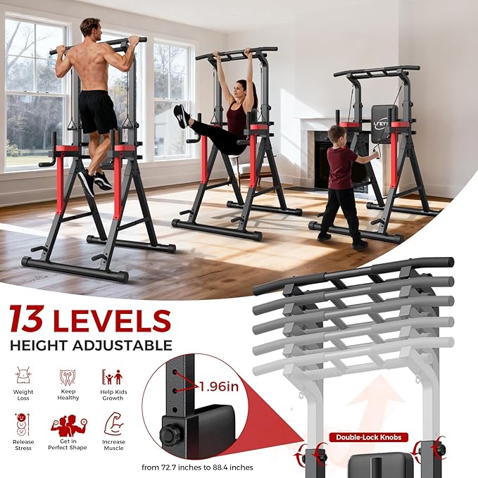 Power Tower Pull Up Bar Free Standing - 13-Level Adjustable Height Dip Station with X-Frame Stability, Multi-Grip Handles, Backrest, Anti-Slip Foot Pads - Home Gym Strength Training Equipment