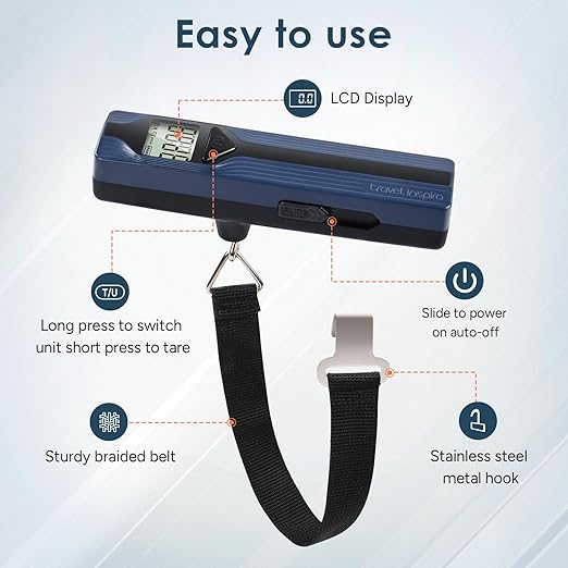 travel inspira Luggage Scale Battery-Free, Travel Essentials, Portable Handheld Digital Suitcase Weight Scale for for Travel Accessories, 110lbs/50kg (Dark Blue)