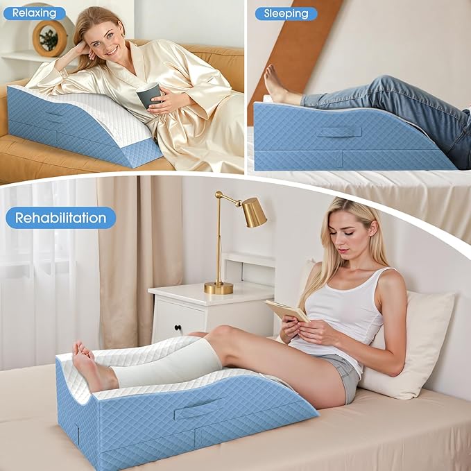 TranquilRelax Elevation Pillows for Leg After Surgery, Memory Foam Adjustable Wedge Pillow for Injury or Rest, Ankle Pillow for Sleeping Blood Circulation Light Blue/Single Leg