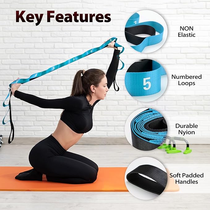 Acozycoo Stretching Strap with Loops for Physical Therapy,Yoga Strap for Stretching,Home Workout,Pilate & Flexibility Training,Non-Elastic Exercise Stretch Band for Hamstring,Leg Stretcher Belt,Flexibility Fascia