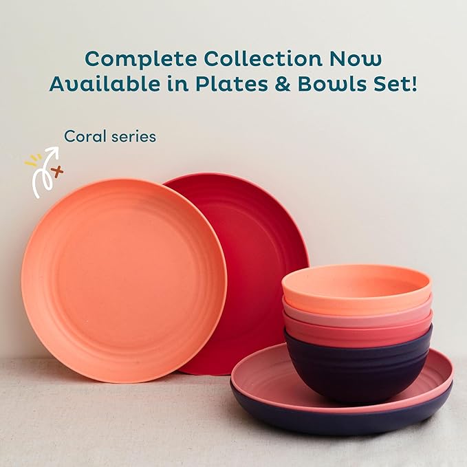 Nook Theory 8-Pack Reusable Wheat Straw Plates Set - Non Toxic and Non Plastic Dinner Plates for Kids and Adults, Lightweight Unbreakable Plate, Microwave Safe and Dishwasher Safe (Coral 9")