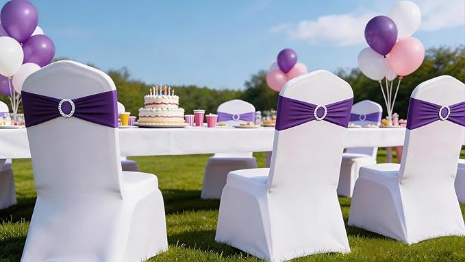 Spandex Purple Chair Sashes 100 Pack Wedding Chair Bands with Buckles Chairs Bows for Party Birthday Bridal Shower Engagement Anniversary Outdoor Events Decorations