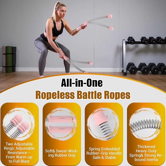 Portable Ropeless Battle Ropes, Adjustable Weights Cordless Battle Ropes for Home Gym with Storage Bag, Weighted Exercise Equipment for Low-Impact Workout, Strength & HIIT, for Men & Women (Pink)