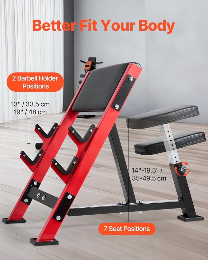 VEVOR Preacher Curl Bench, Strength Training Benches, Max Load 660 LBS Home Gym Fitness Equipment, Seated Arm Isolated Barbell Dumbbell Bicep Station, Adjustable Weight Bench with Bar Holders