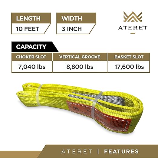 ATERET Twisted Eye Polyester Lift Sling I 3" x 10 feet I Heavy Duty Lifting Web Sling I (3" x 10')