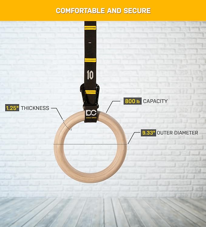 Double Circle Wood Gymnastic Rings (Rings Only) and Exercise Videos Guide for Gym, Compatible with Crossfit, and Bodyweight Training