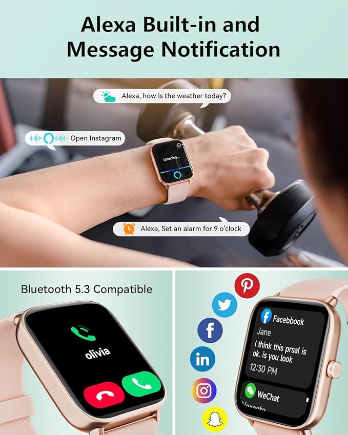Smart Watches for Women, Smart Watch for iPhone and Android Phones Compatible, Alexa Built-in, 1.8" Fitness Watches for Women, 2 ATM Waterproof/Bluetooth Call, Heart Rate/Sleep Monitor, Pink