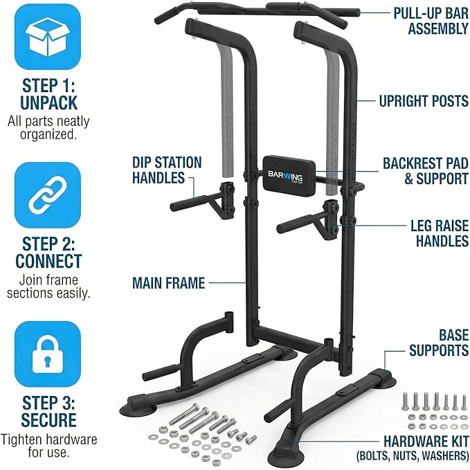 BARWING Pull Up Bar Station, Power Tower, Dip Station with 3D Backrest, Multi-Function Strength Training Stand Rack, Adjustable Height Dip Bar for Home Gym Workout Stand Fitness Exercise Equipment