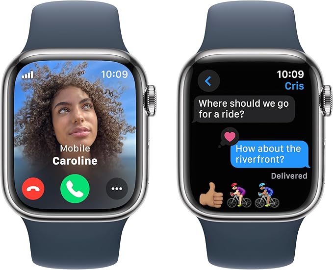 Apple Watch Series 9 [GPS + Cellular 41mm] Smartwatch with Silver Stainless Steel Case with Storm Blue Sport Band S/M. Fitness Tracker, Blood Oxygen & ECG Apps, Always-On Retina Display