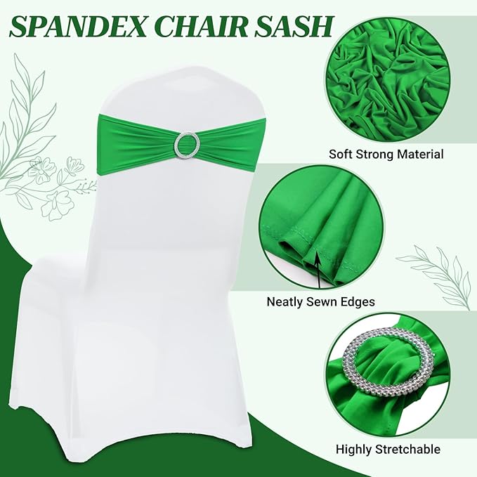 MDS Pack of 150 Spandex Chair Sashes Bow Universal fits Elastic Stretch Chair Bands Ties with Buckle for Wedding Party Banquet Events Decoration Spandex Slider Sashes Bow - Light Green