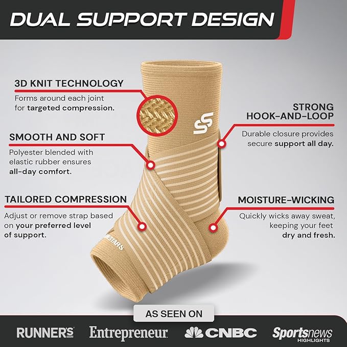 Sleeve Stars Ankle Brace for Women & Men, Ankle Wrap for Sprain, Compression Sleeve for Plantar Fasciitis Relief, Easy Customizable Support: w/ Removable Strap (Pair/M:10"-12"/Beige)