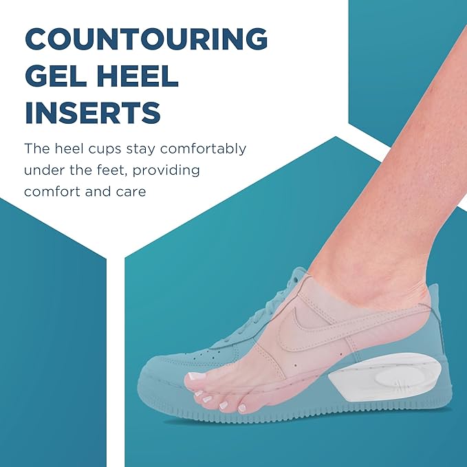 Heel Cups for Achilles Tendonitis & Plantar Fasciitis - 2 Pack Gel Shoe Inserts for Heel Pain Relief, Arch Support, for Women & Men