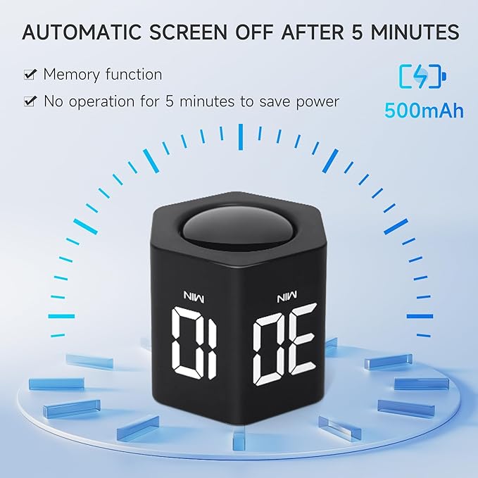 Productivity Timer 1, 5, 10, 30, 60 Minutes Preset, Desk Cube Timer with Gravity Sensor/Mute/Vibration for ADHD, Work, Study, Kitchen, Back to School (Black)
