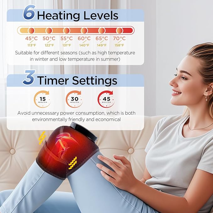 Cordless Knee Massager with Heat, Heating Pad for Knee Shoulder Elbow, Heated Knee Brace for Arthritis, Knee Heating Pad Wrap with 6 Heating Levels, 3 Massage Modes&Timer (Black)