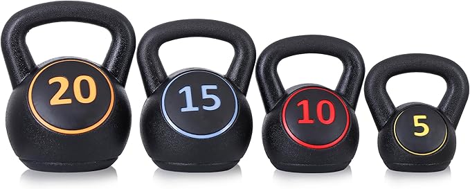 4-Piece Kettlebells Weights Set, Wide Grip Strength Training Soft Kettlebell, Exercise Fitness Concrete Weight, Full Body HIIT Workout, Weights for Women at Home 5 lbs 10 lbs 15 lbs and 20 lbs lb Dumbbells