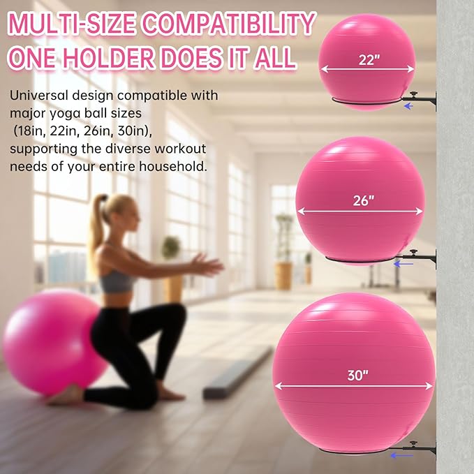 Wall Mount Stability Ball Storage Rack for 26" Large Balls, Adjustable Heavy Duty Exercise Ball Holder for Home Gym, Metal Bracket for Yoga Ball, Swiss Ball, Physio Ball, Medicine Ball