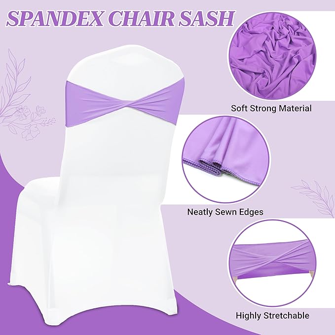 MDS Pack of 10 Spandex Chair Sashes Bows Elastic Stretch Dining Chair Bands Ties Without Slider Buckle Universal fits for Wedding Baby Shower Birthday Party Banquet Event Decoration - Lavender