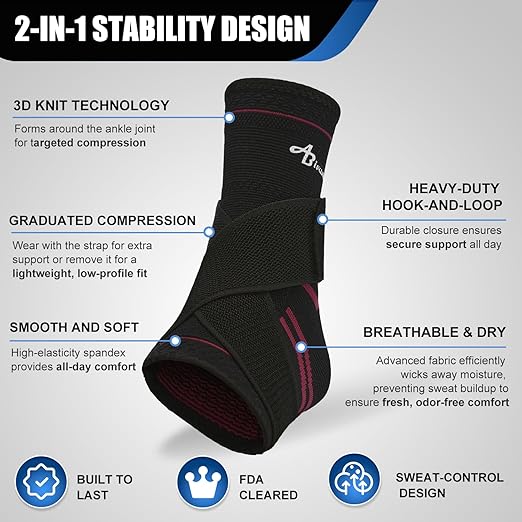 ABIRAM Adjustable Ankle Brace for Women & Men - Compression Sleeve with Wrap for Sprains, Plantar Fasciitis, Achilles Tendonitis - Running, Volleyball, Basketball Support - Breathable, Size S