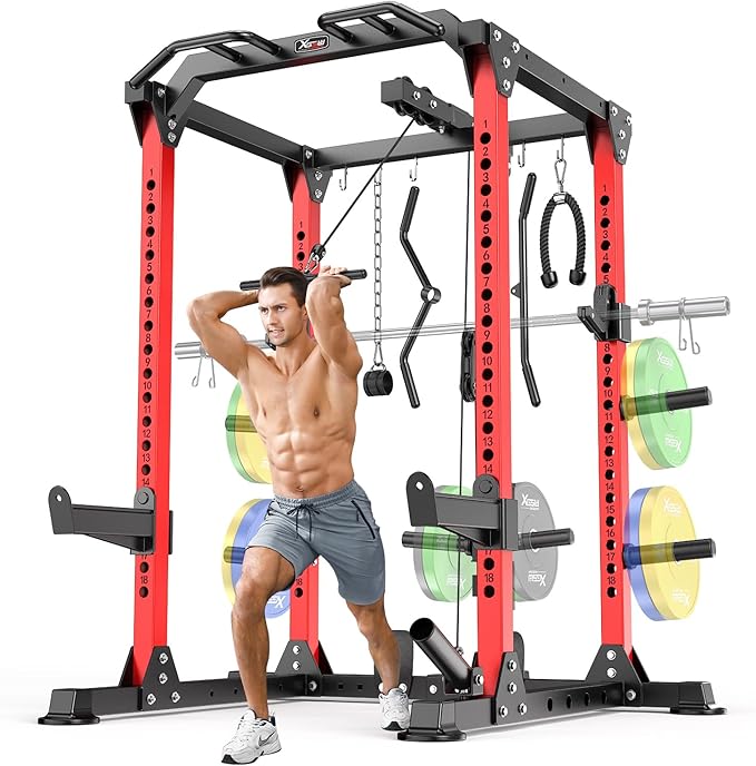 Power Cage Multi-Function Power Rack with Cable Crossover System,1500 LBS Capacity Squat Rack with Weight Bench,for Home Gym