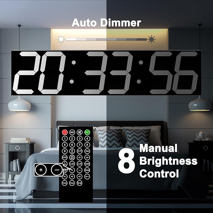 CHKOSDA Digital Wall Clock, Oversize Led Digital Clock with Auto Dimmer, Huge Countdown Timer with Remote Control, 27" Wide Led Display, 6 Digits, Wall Mount, Date and Temperature (White)